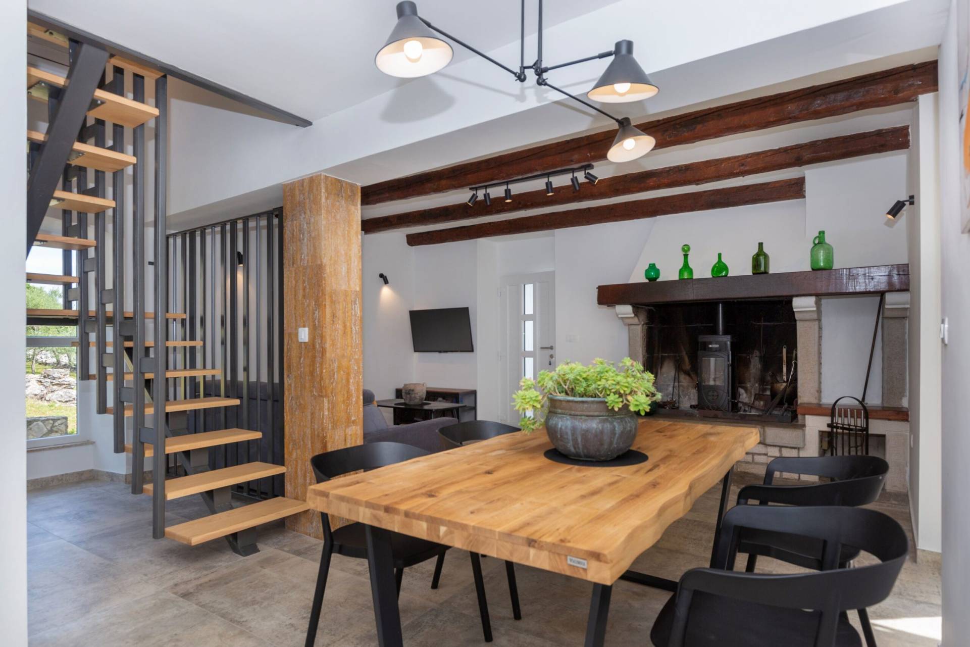 Dining room with inside fireplace
